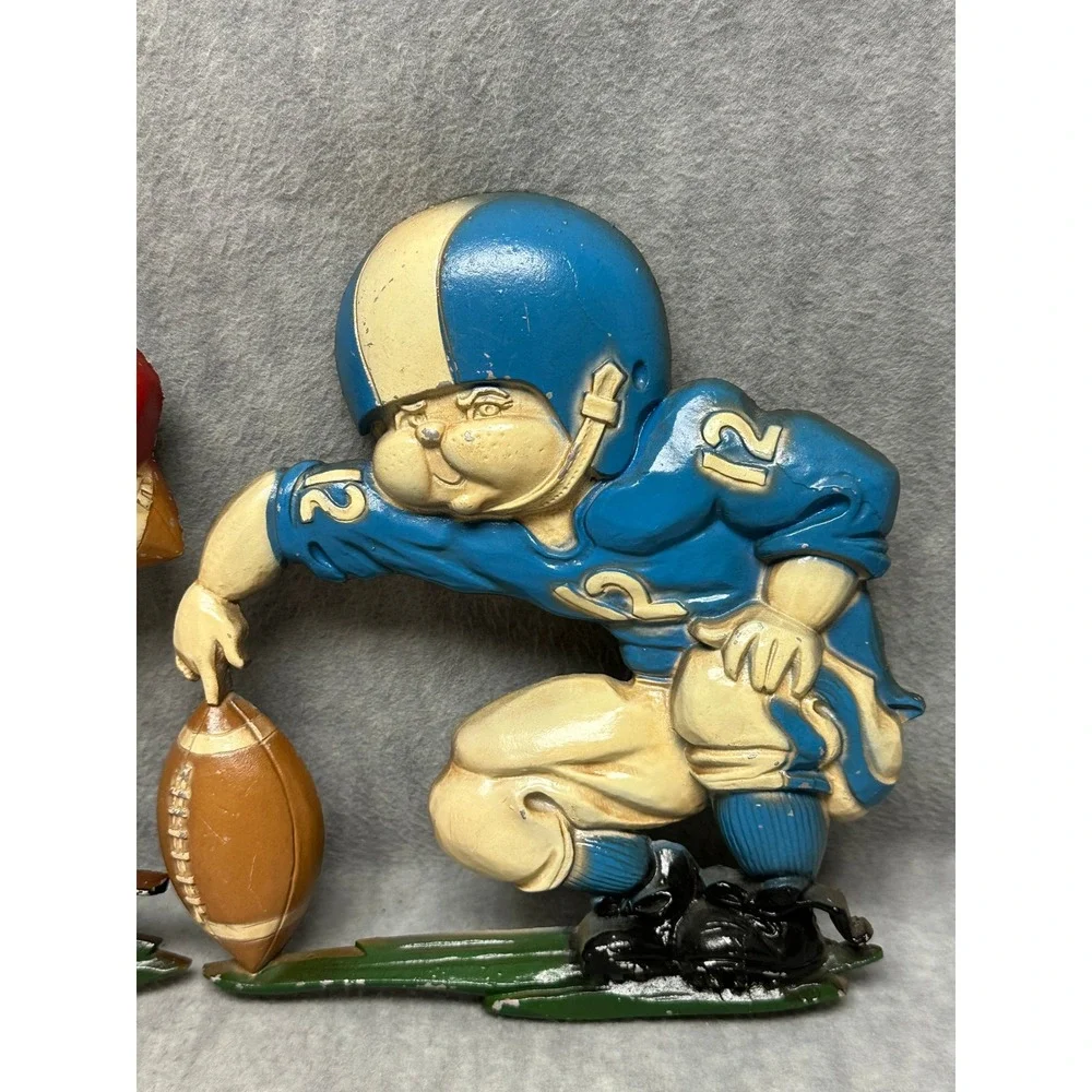 VTG Homco 1975 Football Players Wall Art Blue Red Cast Metal 3 Piece Set 1254